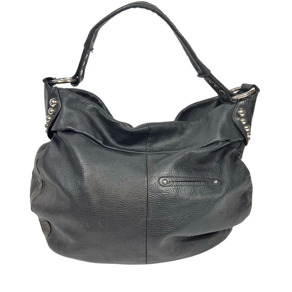 B. Makowsky Hobo Bag Purse Black Pebbled Leather Silver Studded Leopard Lining - Picture 4 of 11